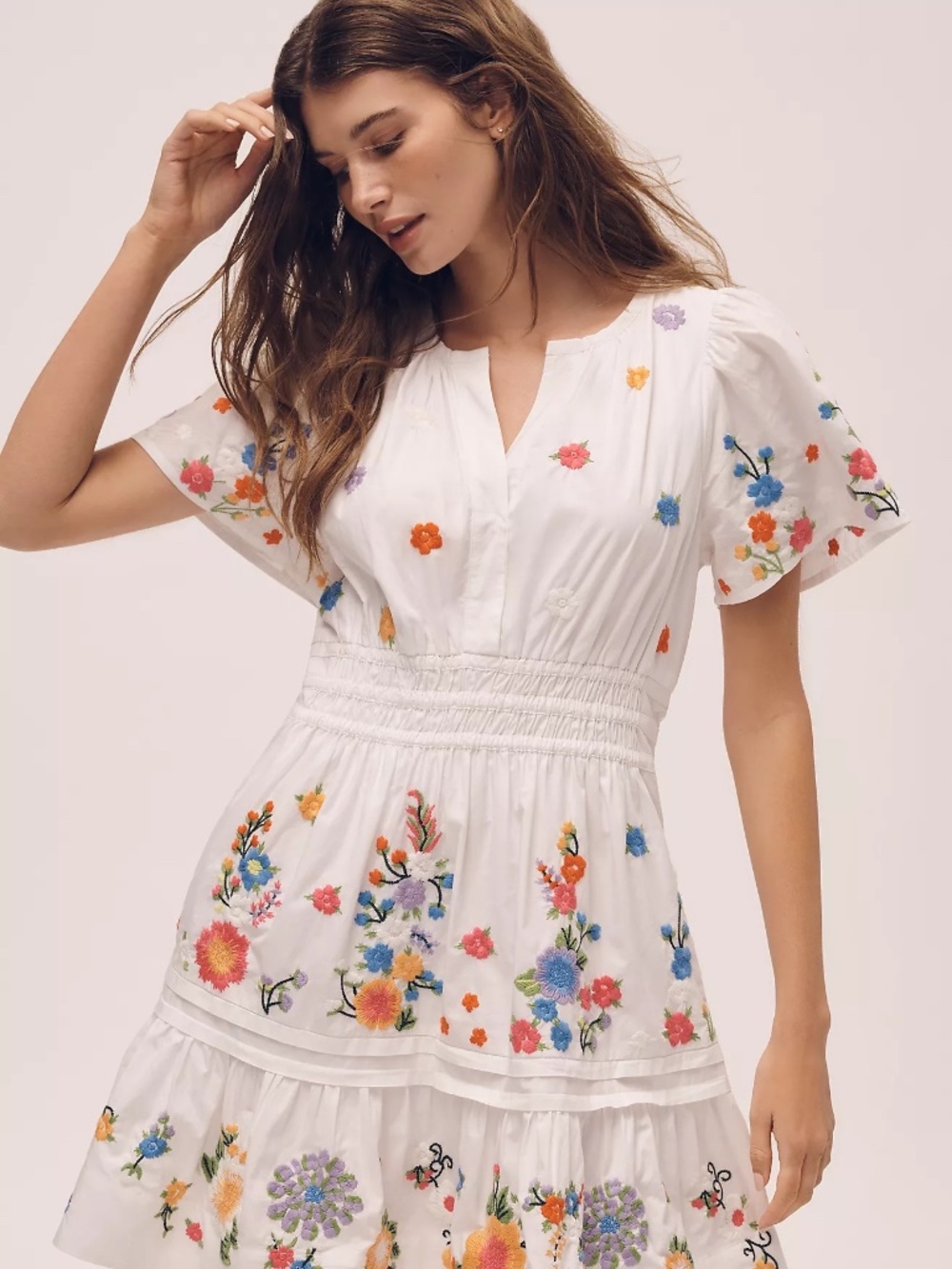 Anthropologie Somerset Embroidered Cotton Mini Dress XXS White Floral Smocked